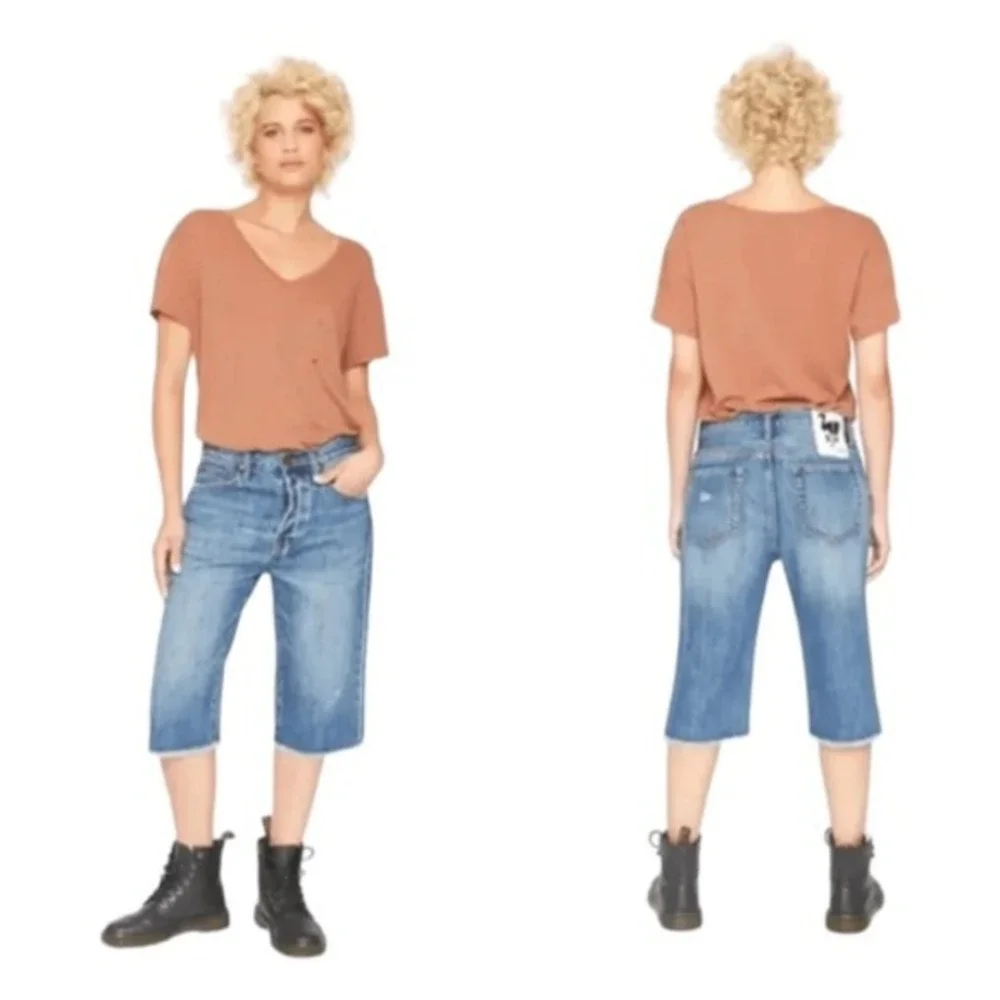 Free People X Sandrine Rose Jean Shorts Jorts Bermuda‎ Hi-Rise Distressed 28
